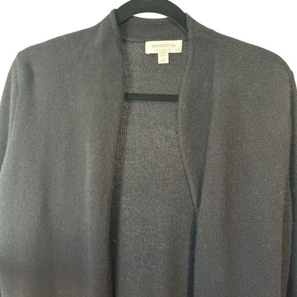 Nordstrom Leather Cashmere Black Open Front Long Cardigan Size Small - Picture 5 of 9